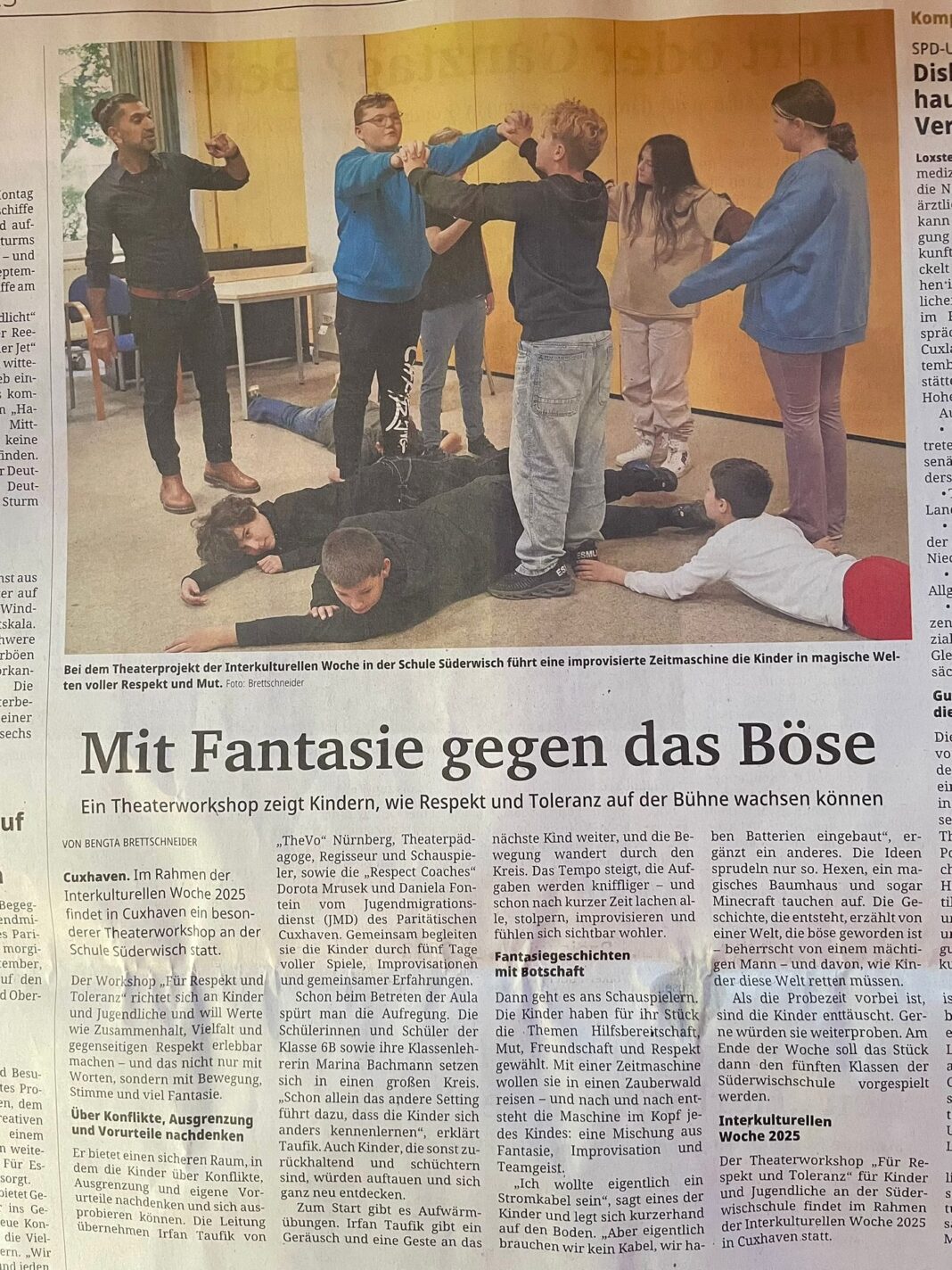Cuxhavener Zeitung berichtet über Theaterworkshop an der Süderwischschule Zeitungsbericht der Cuxhavener Zeitung über den Theaterworkshop an der Süderwischschule