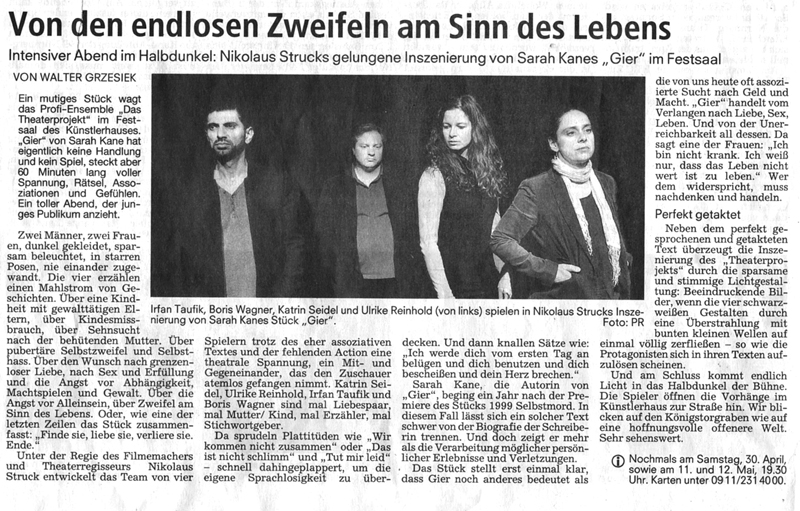 Zeitungskritik zu „Gier“, Nürnberger Nachrichten, 29. April 2016